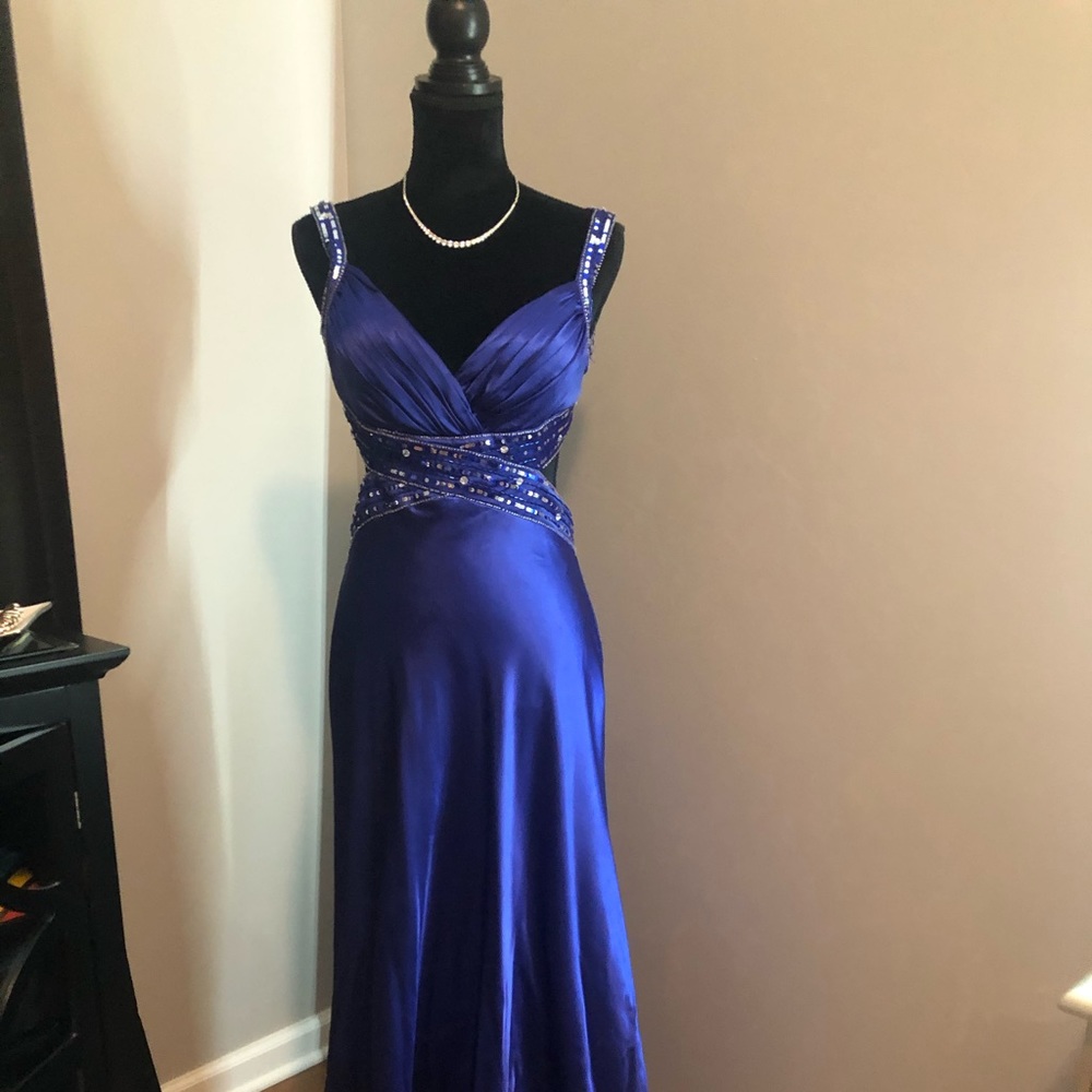 Blue open back formal gown